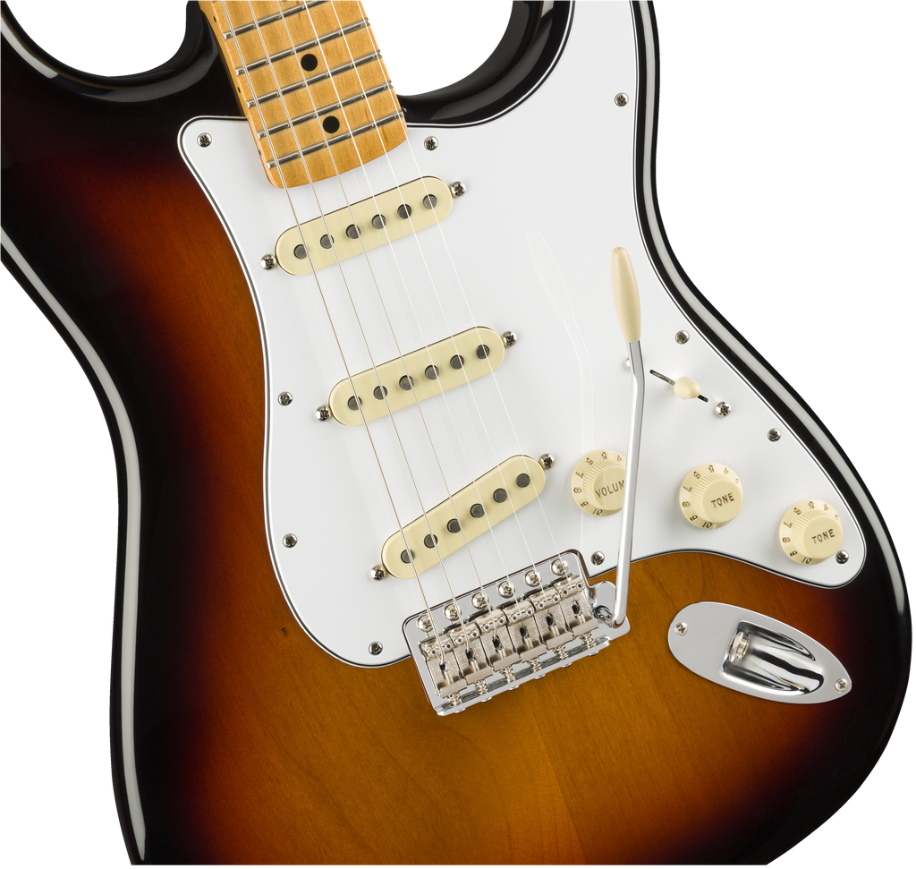 Fender Jimi Hendrix Stratocaster electric guitar with maple fretboard in three-color burst finish, showcasing its iconic design.
