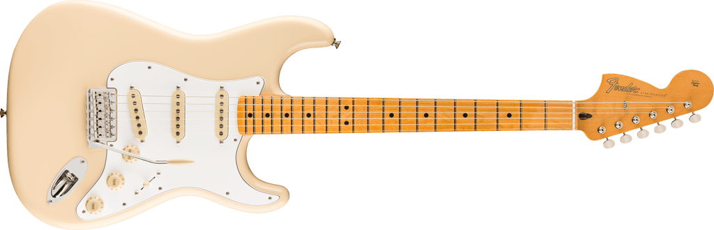 Fender Jimi Hendrix Stratocaster electric guitar with maple fretboard in Olympic White, showcasing its iconic design and hardware.