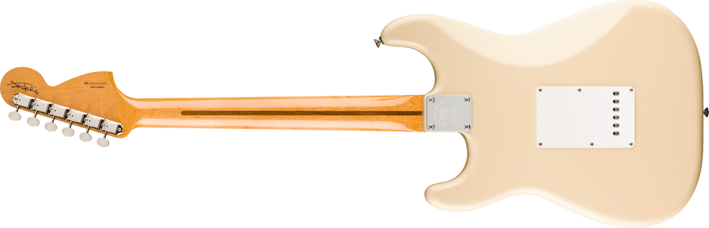 Fender Jimi Hendrix Stratocaster electric guitar with white finish and maple fretboard, showcasing its iconic design and controls.
