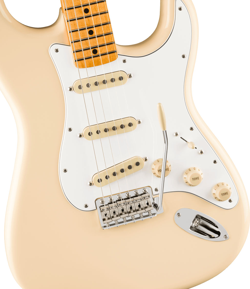 Fender Jimi Hendrix Stratocaster electric guitar with maple fretboard in Olympic White, showcasing its iconic design and details.