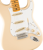 Fender Jimi Hendrix Stratocaster electric guitar with maple fretboard in Olympic White, showcasing its iconic design and details.