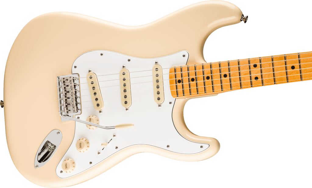 Fender Jimi Hendrix Stratocaster electric guitar with maple fretboard in Olympic White, showcasing its iconic body and hardware details.