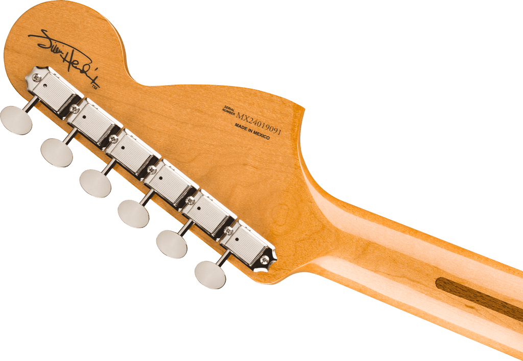 Fender Jimi Hendrix Stratocaster electric guitar with maple fretboard in Olympic White, showcasing its iconic body and hardware details.