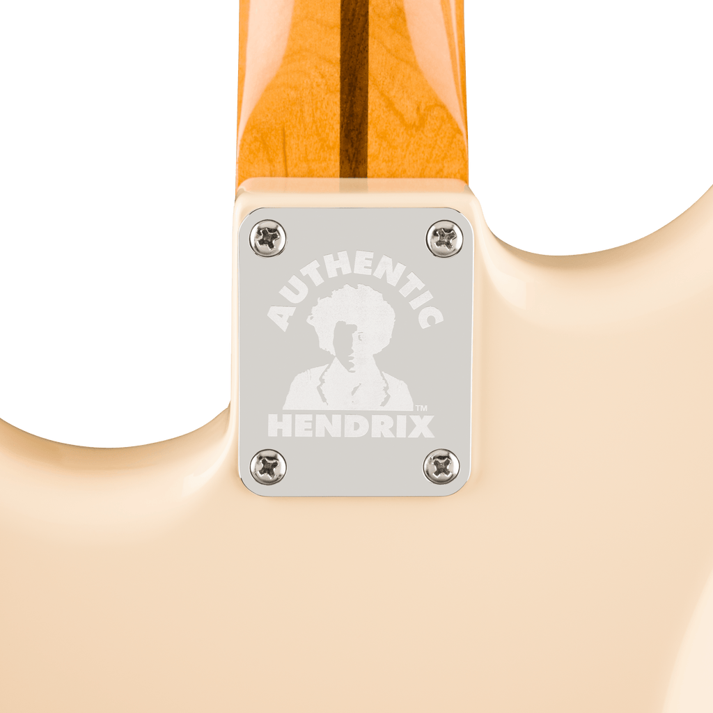 Fender Jimi Hendrix Stratocaster electric guitar with maple fretboard in Olympic White, showing body and pickup details.