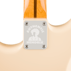 Fender Jimi Hendrix Stratocaster electric guitar with maple fretboard in Olympic White, showing body and pickup details.