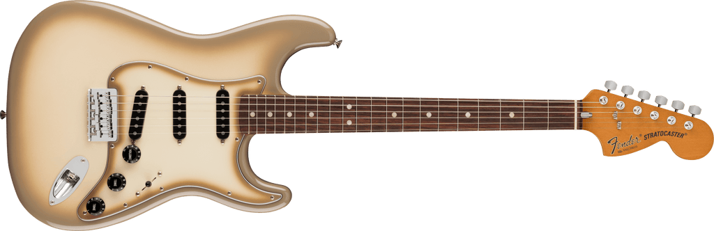 Fender 70th Anniversary Antigua Stratocaster electric guitar with vintage Antigua finish and classic design on a stand