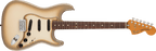 Fender 70th Anniversary Antigua Stratocaster electric guitar with vintage Antigua finish and classic design on a stand