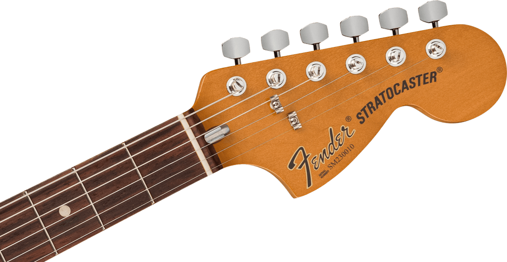 Fender 70th Anniversary Antigua Stratocaster electric guitar with vintage Antigua finish and iconic design, showcasing its body and pickups.