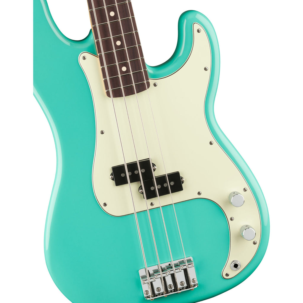 Fender 75th Anniversary Player II P Bass RW in seafoam green, showing the bass guitar with a rosewood fretboard and classic design.