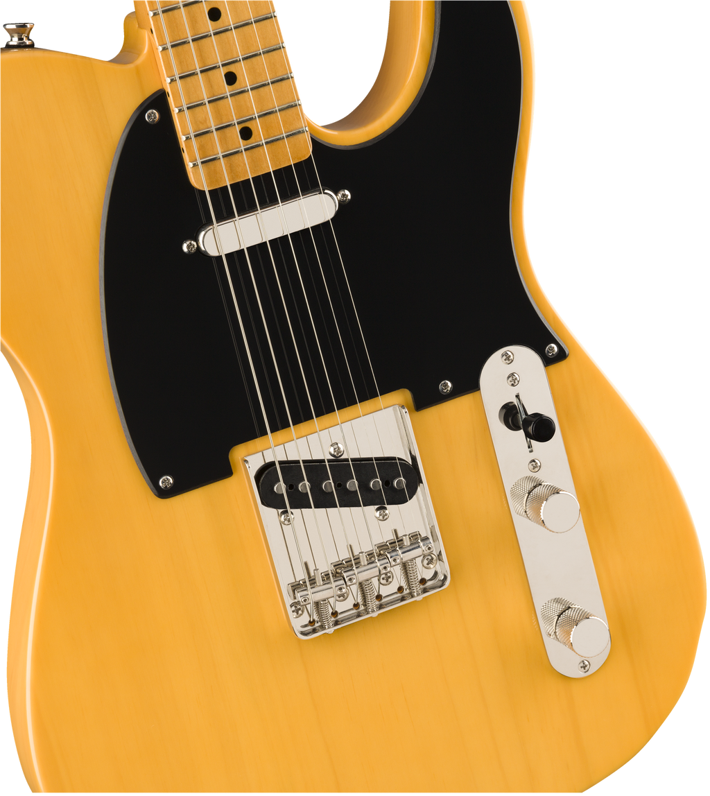 Squier Classic Vibe '50s Telecaster electric guitar with maple fretboard in butterscotch blonde finish, showing body and neck details.