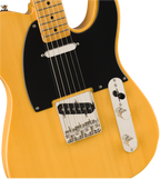 Squier Classic Vibe '50s Telecaster electric guitar with maple fretboard in butterscotch blonde finish, showing body and neck details.