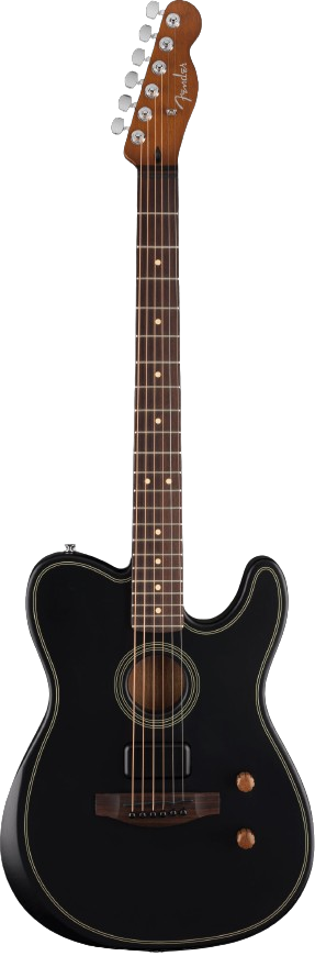 Black Fender Acoustasonic Standard Telecaster acoustic guitar with sleek body and steel strings, showcasing its modern design.