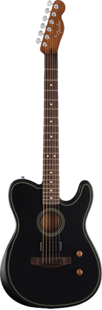 Black Fender Acoustasonic Standard Telecaster acoustic guitar with sleek body and steel strings, showcasing its modern design.