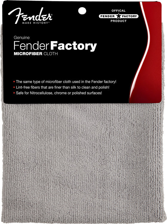 Gray Fender factory microfiber cloth for guitar maintenance, designed for cleaning and polishing guitar surfaces.
