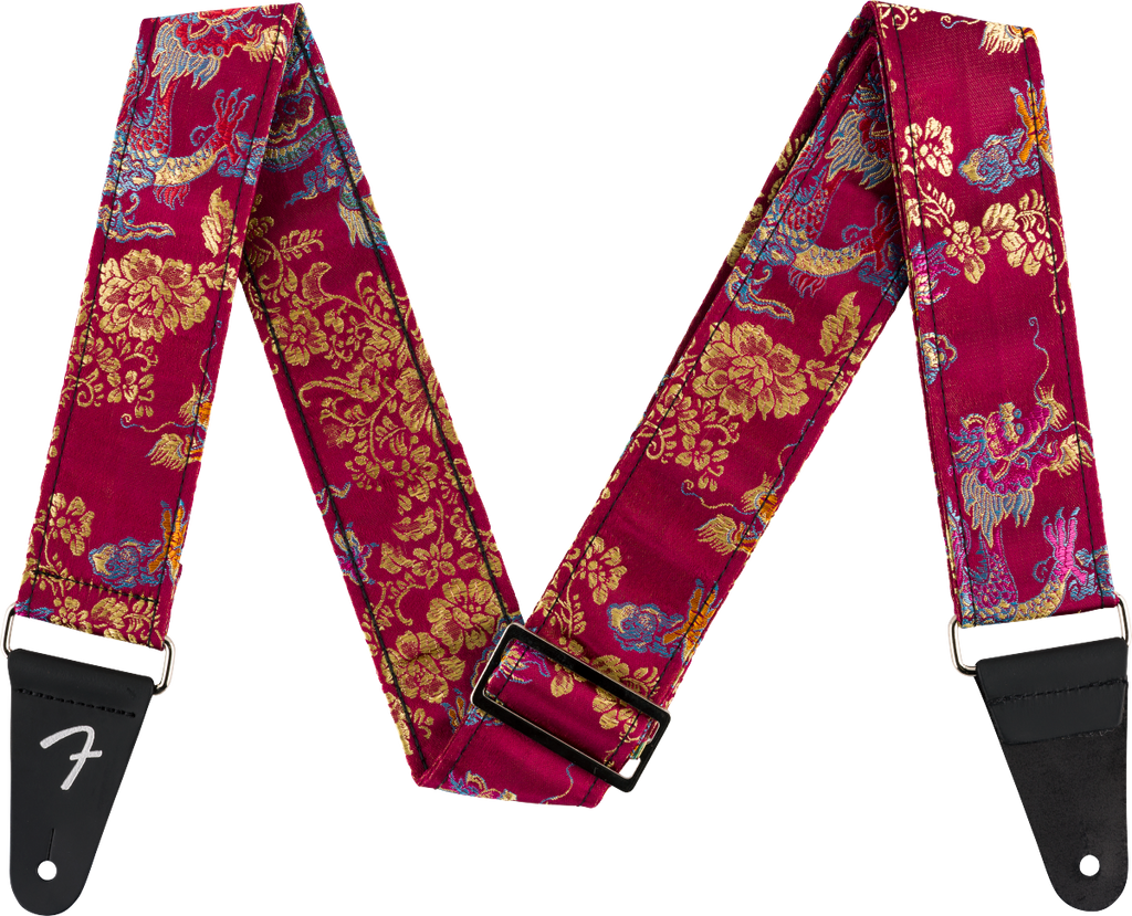 Fender Satin Dragon Guitar Strap in wine color with detailed dragon design, adjustable strap for electric or acoustic guitars.