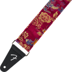 Fender Satin Dragon guitar strap in wine color featuring a detailed dragon design, adjustable strap for electric or acoustic guitars.