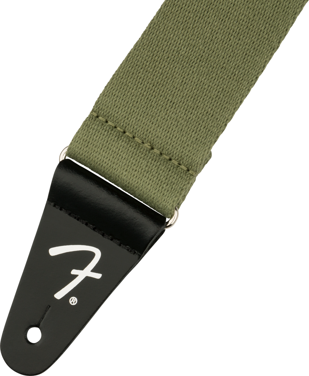 Olive green Fender Supersoft guitar strap with 2-inch width, padded for comfort, featuring adjustable ends for secure fit.