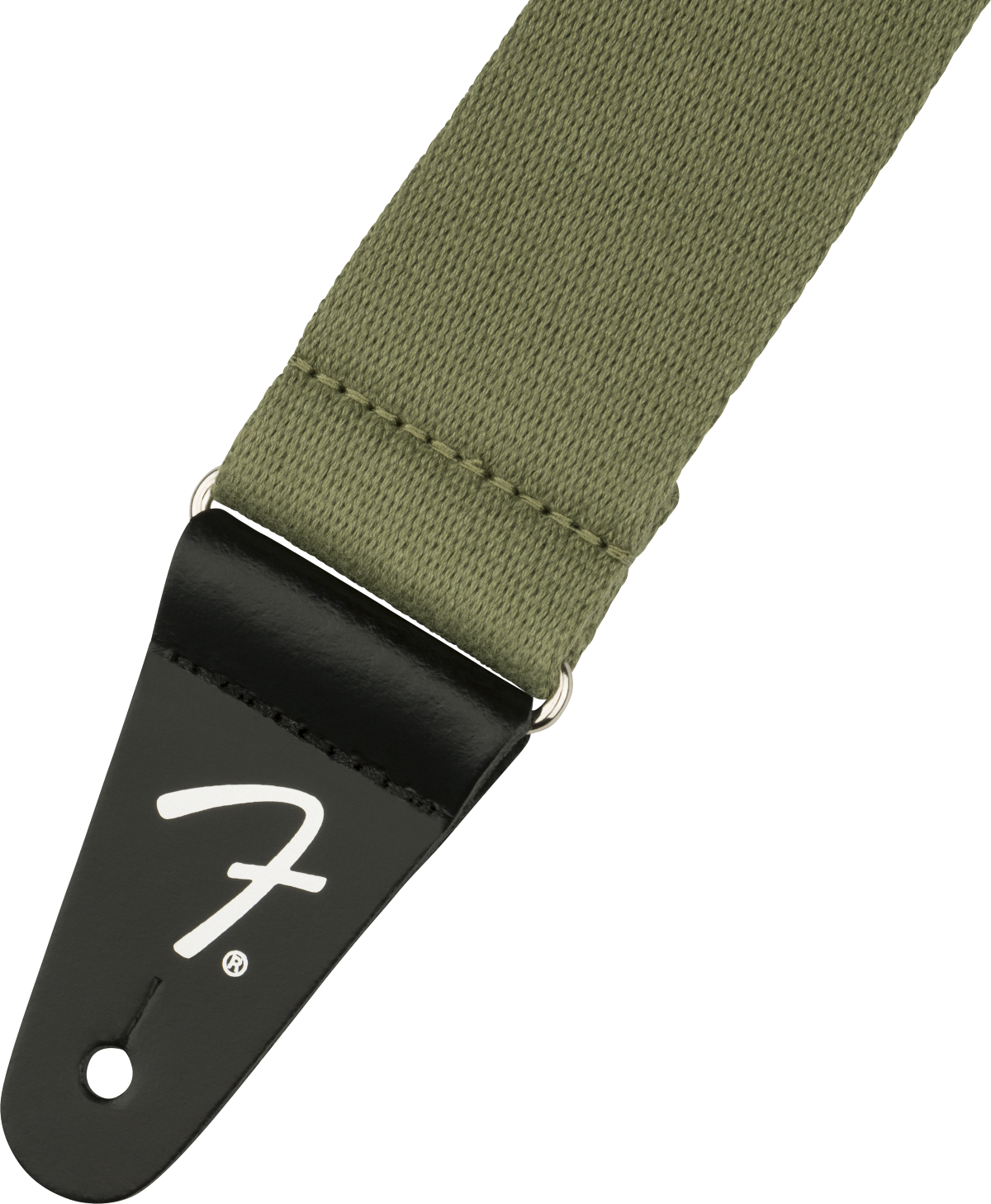 Olive green Fender Supersoft guitar strap with 2-inch width, padded for comfort, featuring adjustable ends for secure fit.