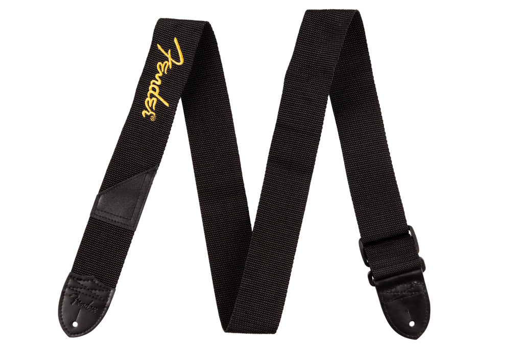 Fender Black Poly 2in Guitar Strap with Yellow Fender Logo