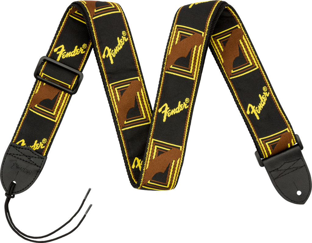 Fender monogrammed 2-inch black, yellow, and brown guitar strap with branding and adjustable length for comfortable playing.