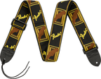 Fender monogrammed 2-inch black, yellow, and brown guitar strap with branding and adjustable length for comfortable playing.