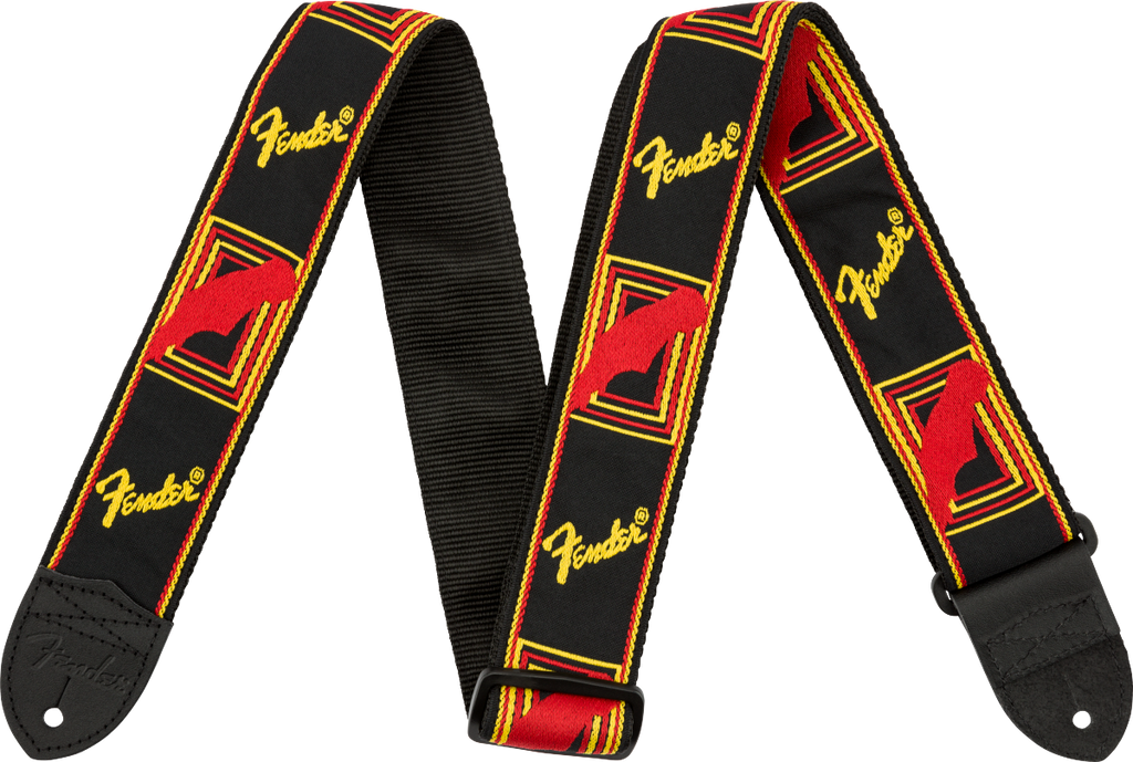Fender 2-inch monogrammed guitar strap in black with yellow and red accents, featuring adjustable straps and branding details.
