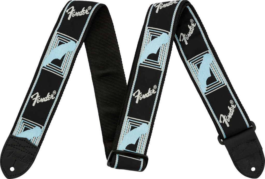 Fender monogrammed 2-inch black, light grey, and blue guitar strap with Fender logo, made for comfortable playing.