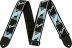 Fender monogrammed 2-inch black, light grey, and blue guitar strap with Fender logo, made for comfortable playing.