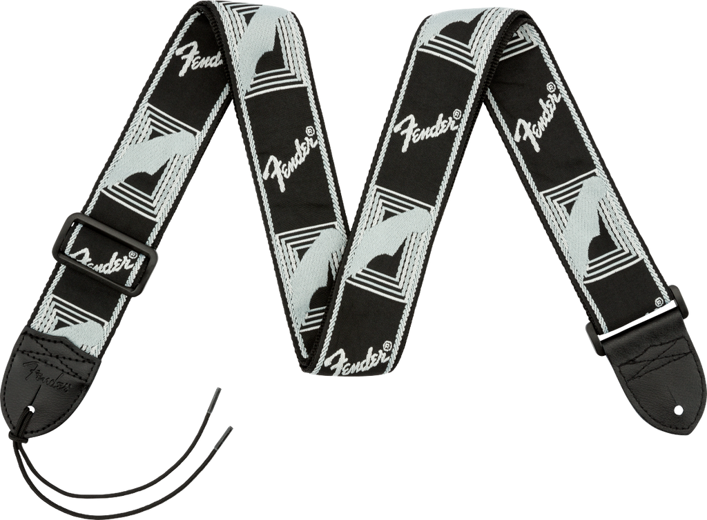 Fender 2-inch monogrammed guitar strap in black, light grey, and dark grey with branding detail and adjustable length.