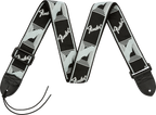 Fender 2-inch monogrammed guitar strap in black, light grey, and dark grey with branding detail and adjustable length.