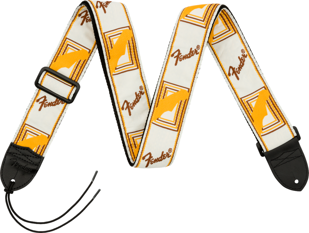 Fender monogrammed 2-inch guitar strap in white, brown, and yellow with adjustable length and branded logo design.