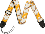 Fender monogrammed 2-inch guitar strap in white, brown, and yellow with adjustable length and branded logo design.