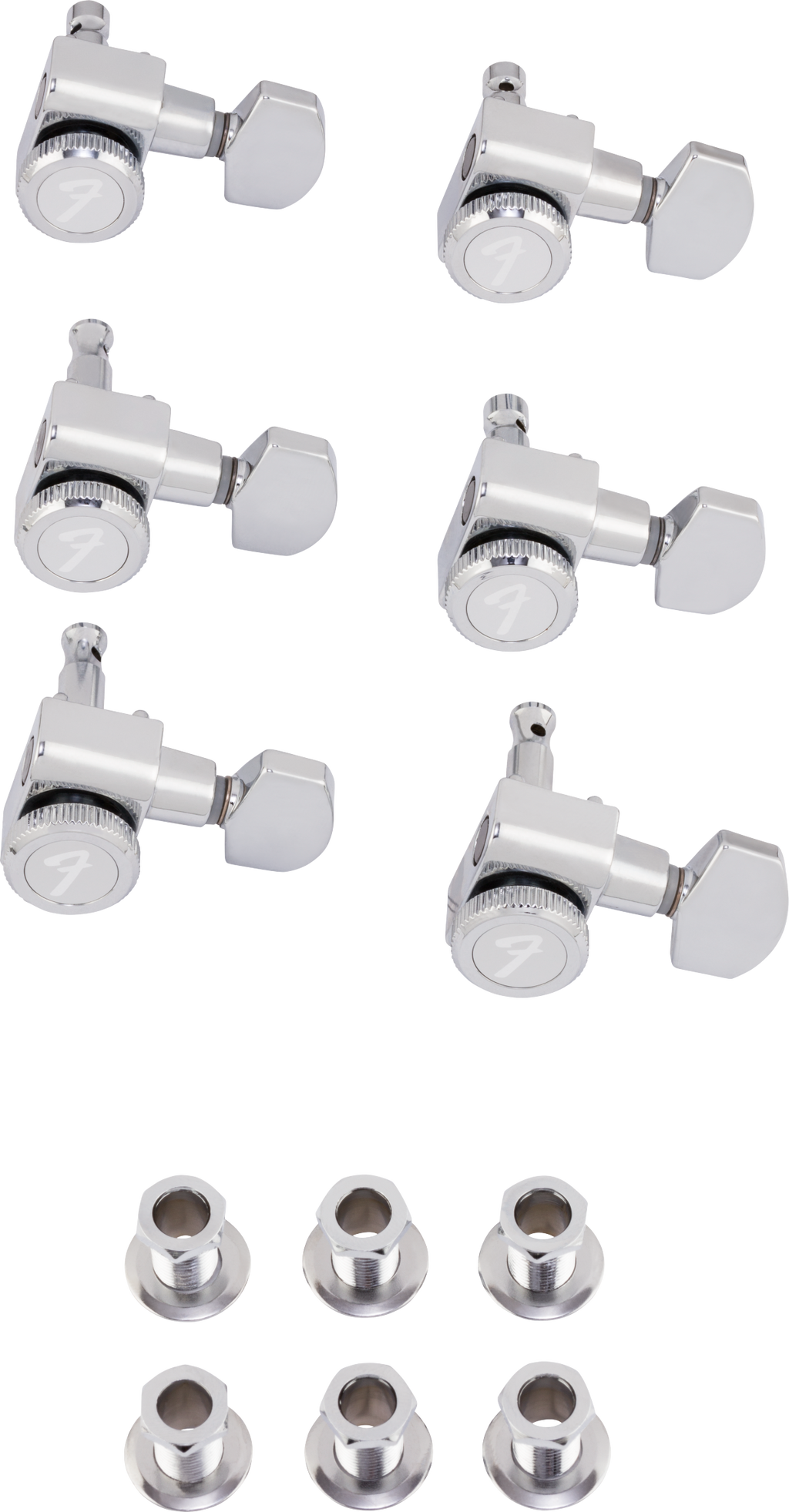 Set of six Fender locking tuners for Stratocaster or Telecaster guitars in polished chrome, showing the detailed metal finish.