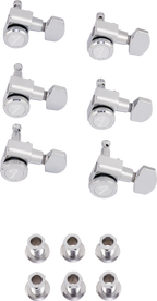 Set of six Fender locking tuners for Stratocaster or Telecaster guitars in polished chrome, showing the detailed metal finish.
