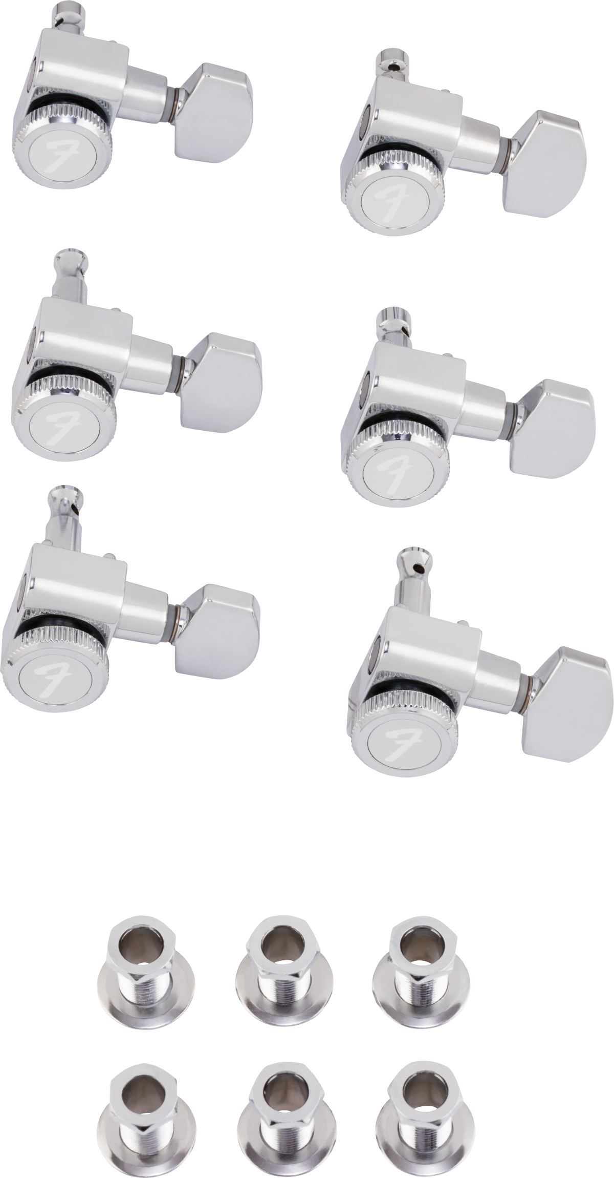 Set of six Fender locking tuners for Stratocaster or Telecaster guitars in polished chrome, showing the detailed metal finish.