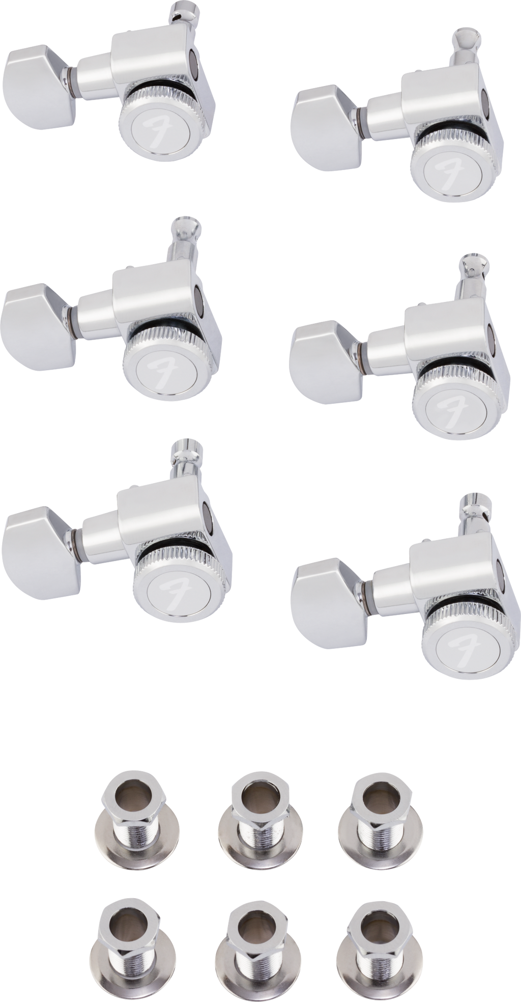 Fender locking tuners for left-handed Stratocaster or Telecaster guitars, polished chrome finish, set of six guitar parts.