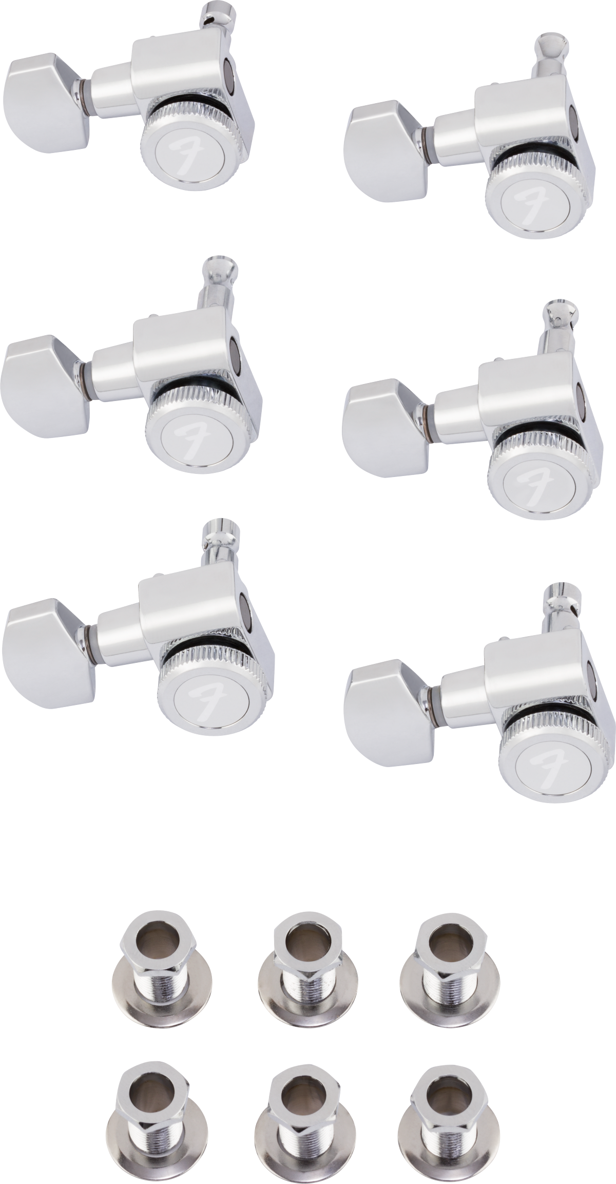 Fender locking tuners for left-handed Stratocaster or Telecaster guitars, polished chrome finish, set of six guitar parts.