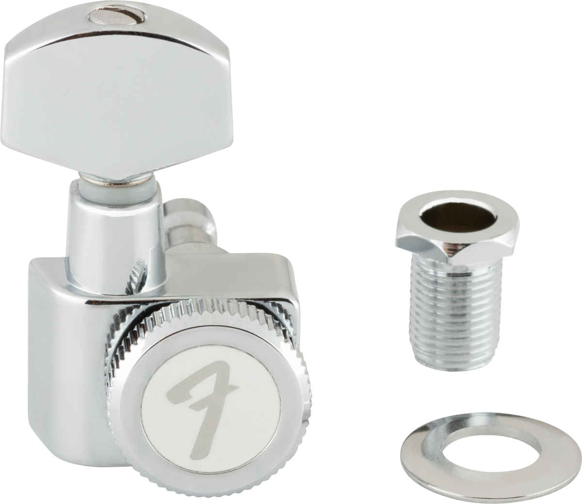 Fender Chrome Locking Tuner Machine Heads for Stratocaster and Telecaster guitars, guitar parts with locking mechanism.