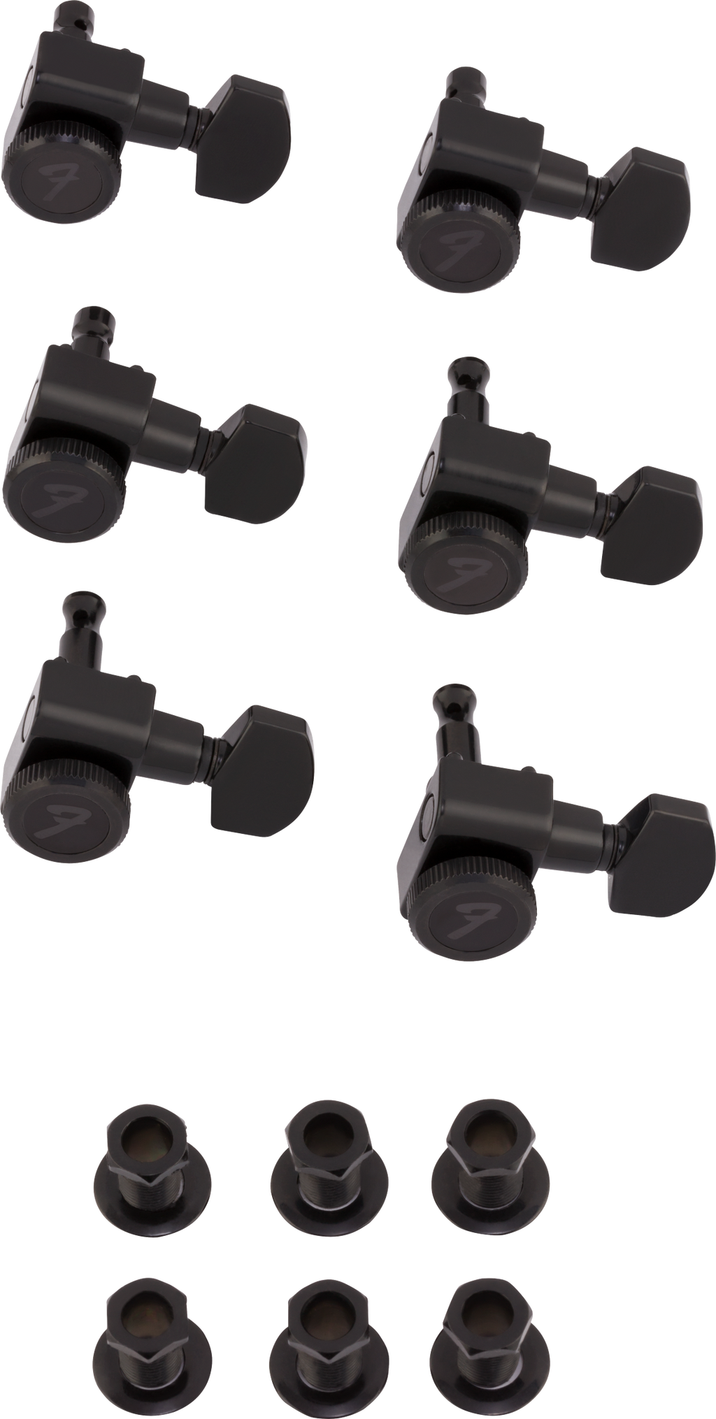 Black Fender locking tuners for Stratocaster and Telecaster guitars, set of 6, providing secure tuning and easy installation.