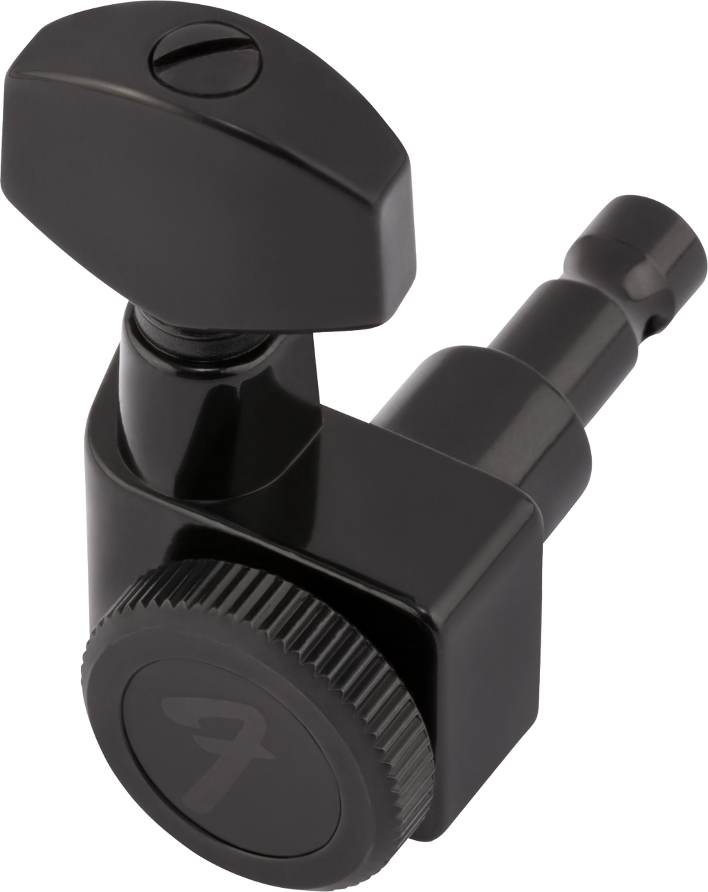 Set of six black Fender locking tuners for Stratocaster and Telecaster guitars, featuring high-precision guitar parts by Mega Music Online.