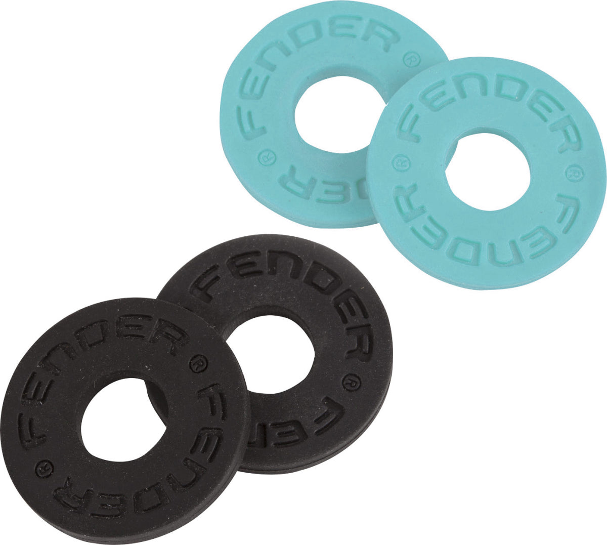 Fender Strap Blocks 4-Pack with two black and two daphne blue guitar strap locks for secure instrument fitting.