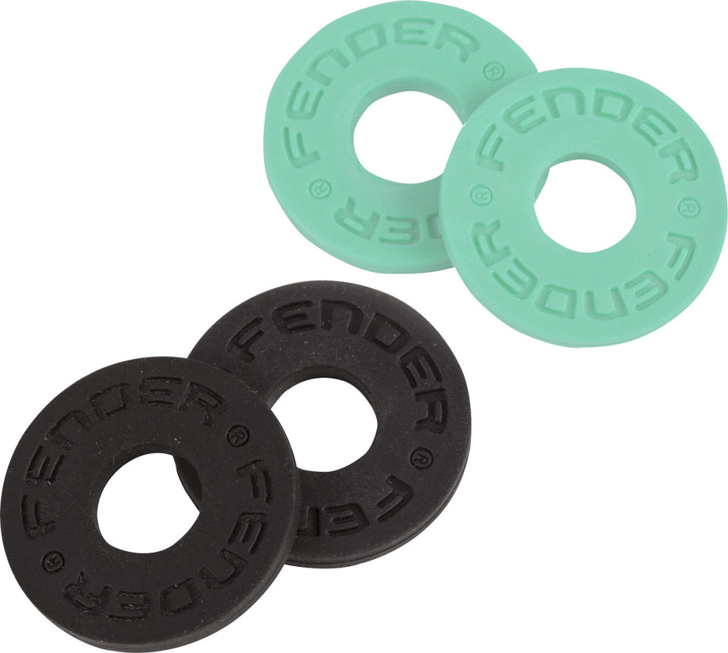 Fender Strap Blocks 4-pack with two black and two surf green guitar strap lock blocks for secure instrument fitting.
