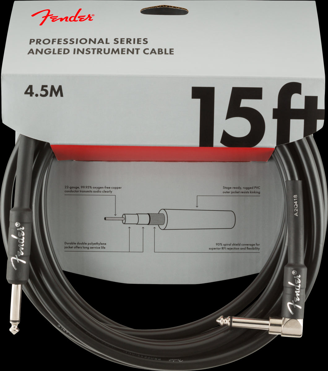 Fender Professional Series 15 Foot Straight/Angle Guitar Cable Black