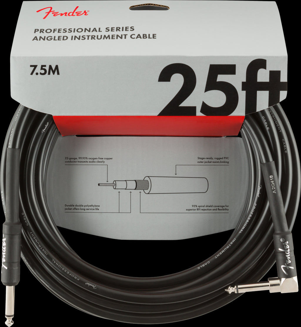 Fender Professional Series 25ft Straight/Angle Instrument Guitar Cable in Black