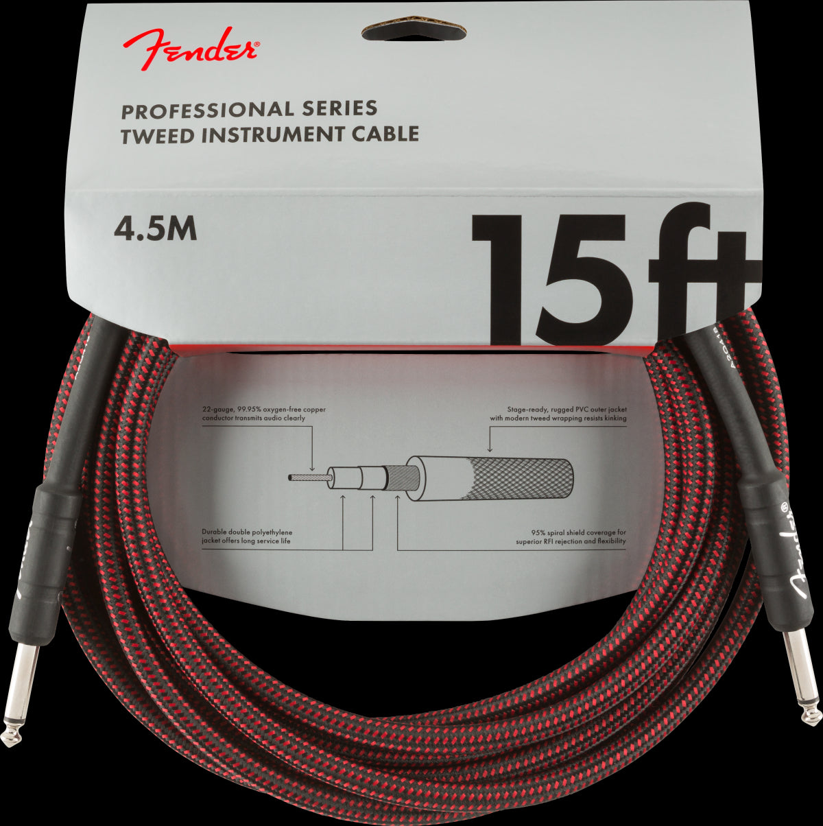 Fender Professional Series 15ft Instrument Guitar Cable in Red Tweed