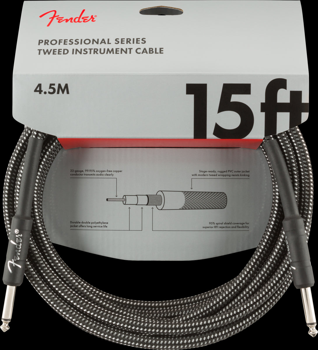 Fender Professional Series 15ft Instrument Guitar Cable in Gray Tweed