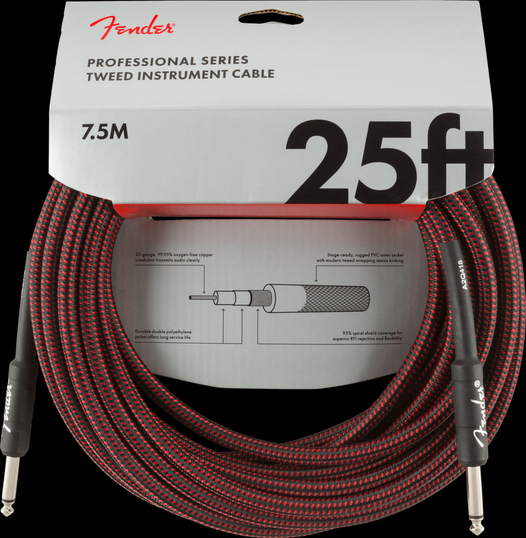Fender Professional Series 25ft Instrument Guitar Cable in Red Tweed