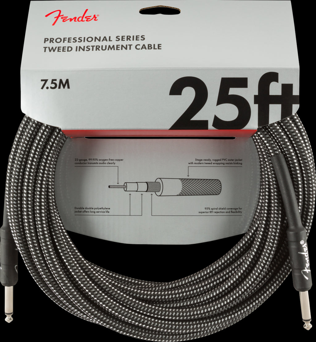 Fender Professional Series 25ft Instrument Guitar Cable in Gray Tweed