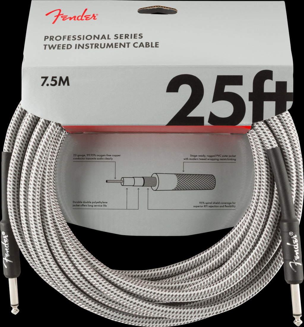 Fender Professional Series 25ft Instrument Guitar Cable in White Tweed