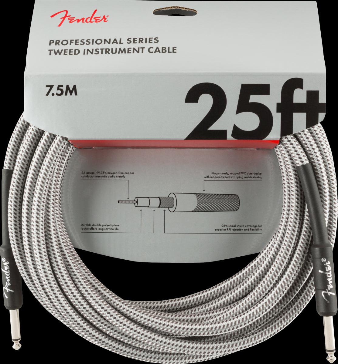 Fender Professional Series 25ft Instrument Guitar Cable in White Tweed